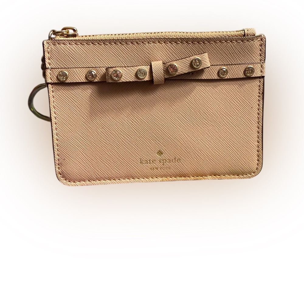 Kate Spade Bitsy Laurel Way Jeweled Bow ID Card Wallet Pink Leather Crystals.